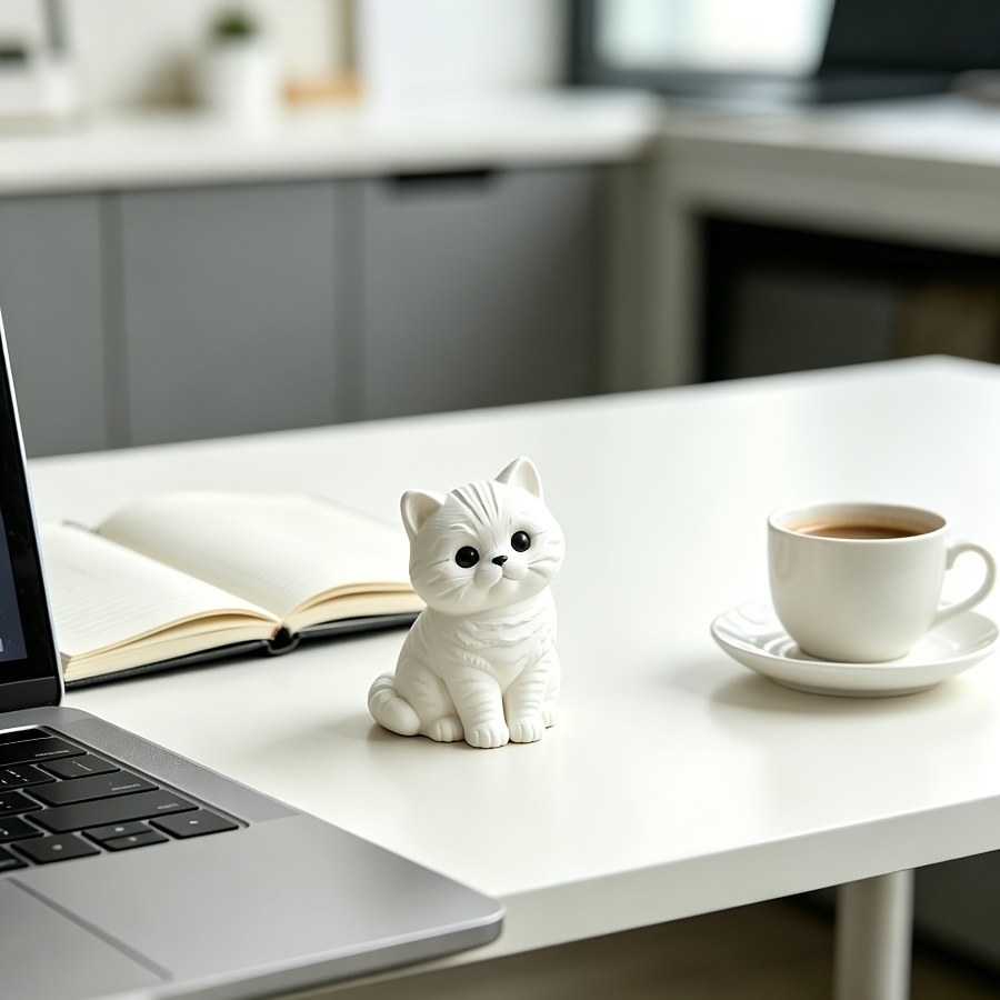TEMU British Shorthair Cat Statue, With Tabby Stripes, Mini Cute White Cat Ornament, Is A Charming And Soothing Decoration Gift For The Bedroom Or