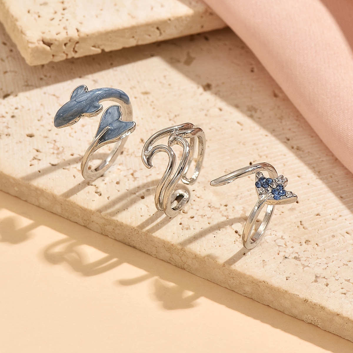 TEMU 3pcs Men's & Women's Dolphin Tail Ring Set - Ocean Themed Fishtail Jewelry Suitable For Parties, Vacations, Birthdays, Gifts - Wear For Daily