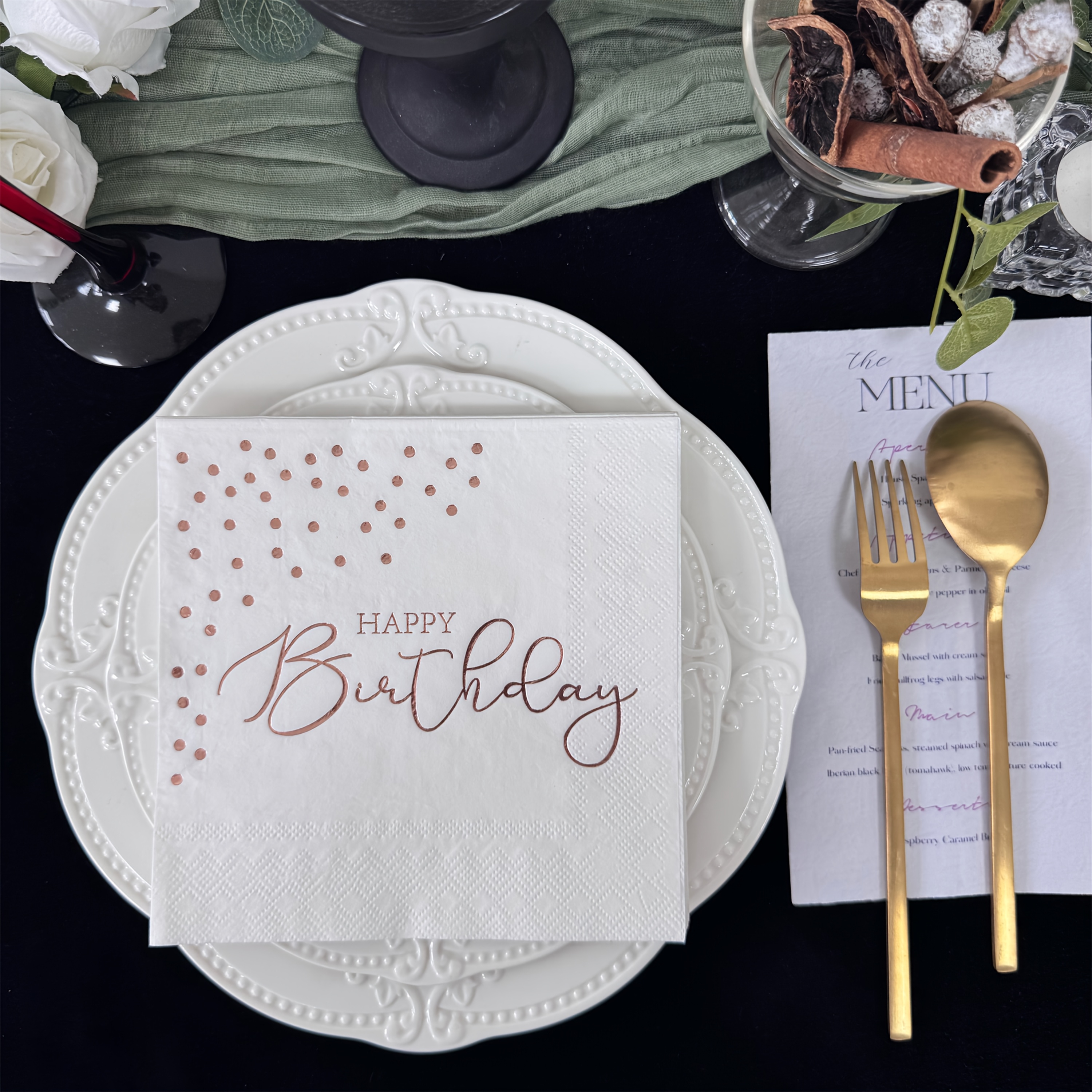 Image of A Set Of 16 Disposable Happy Birthday Themed Napkins Featuring Gold-foiled Roses, Measuring 13x13 Inches, Perfect For Birthday Parties At Restaurants And Dessert Shops