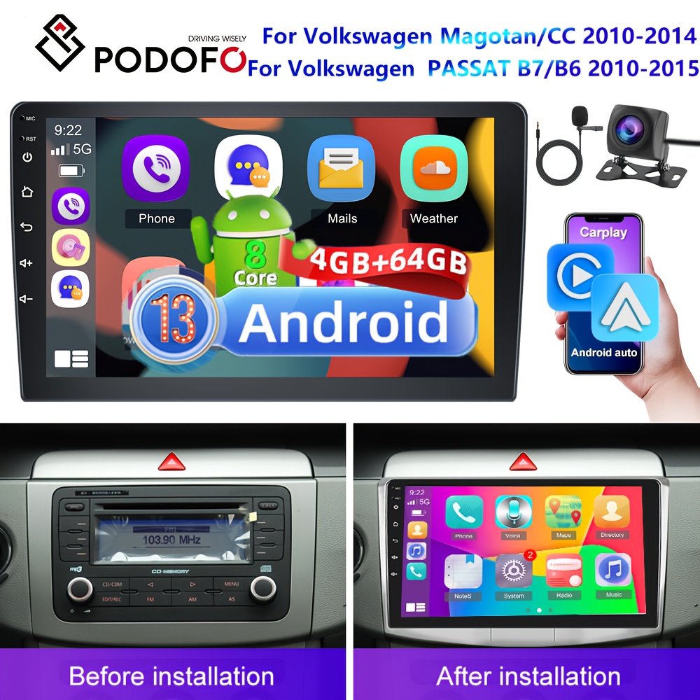 Image of Podofo 4 + 64g Car Stereo Designed For Models Including The For Vw B7 B6 And Cc From 2010 To 2014, Featuring -inch Touchscreen, Carplay, Car Dsp, Wi-fi, Steering Wheel Control