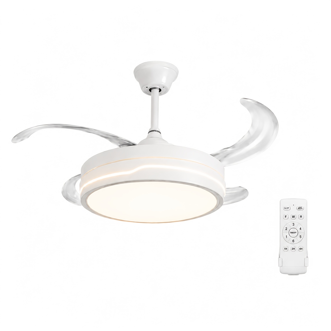 TEMU Ventilateur de plafond avec lumière et télécommande, 70W/6600Lm LED, moteur 30W efficace et silencieux, de lumière, 4 rétractables et