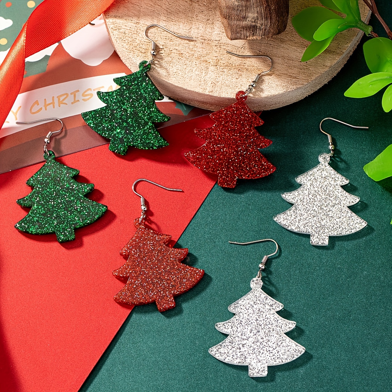 

3 Pairs Festive Glitter Christmas Tree Earrings, Red, Green, Silver, Acrylic, Alloy Hooks, Simple Style, Perfect For Daily Wear And Gift-giving, All-season Accessory