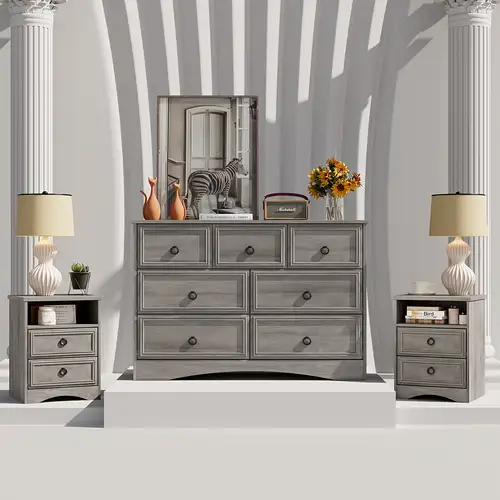 three-piece bedroom furniture set - a 7-drawer dresser and a nightstand with 1 drawer in grey - furniture - Temu three-piece bedroom furniture set - a 7-drawer dresser and a nightstand with 1 drawer in grey - furniture - Temu