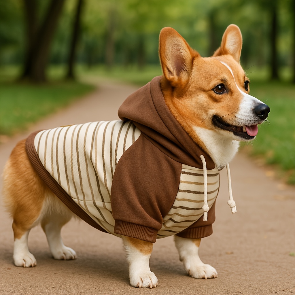 Image of 1pc Classic Striped Dog Hoodie Color Block Sweatshirt With Leather Label Casual Pet Clothes Outfits For Small To Medium Dogs