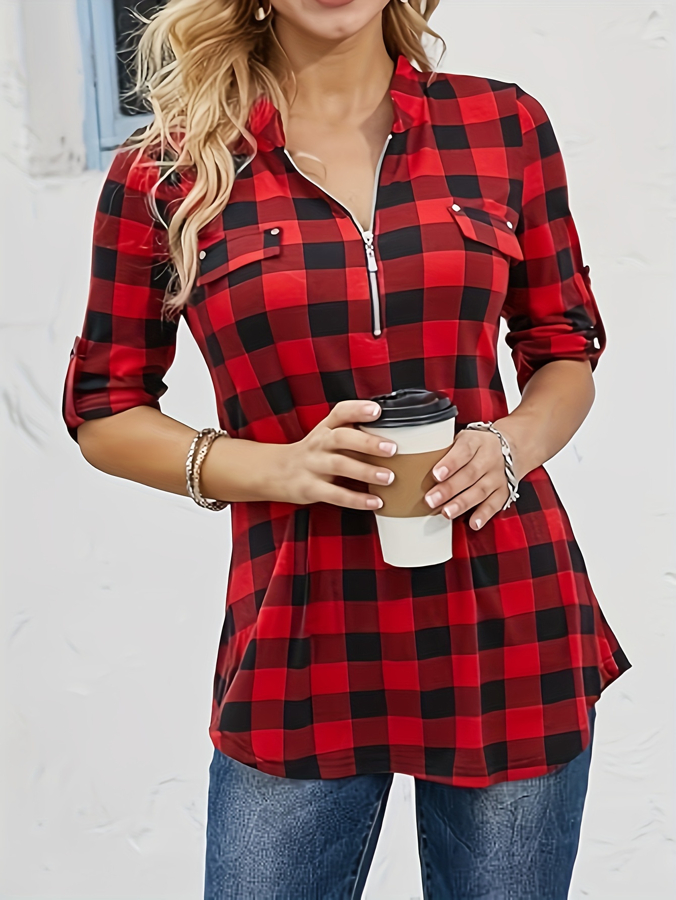 7 breathable fashion vintage check pattern zip v - Temu Oman
