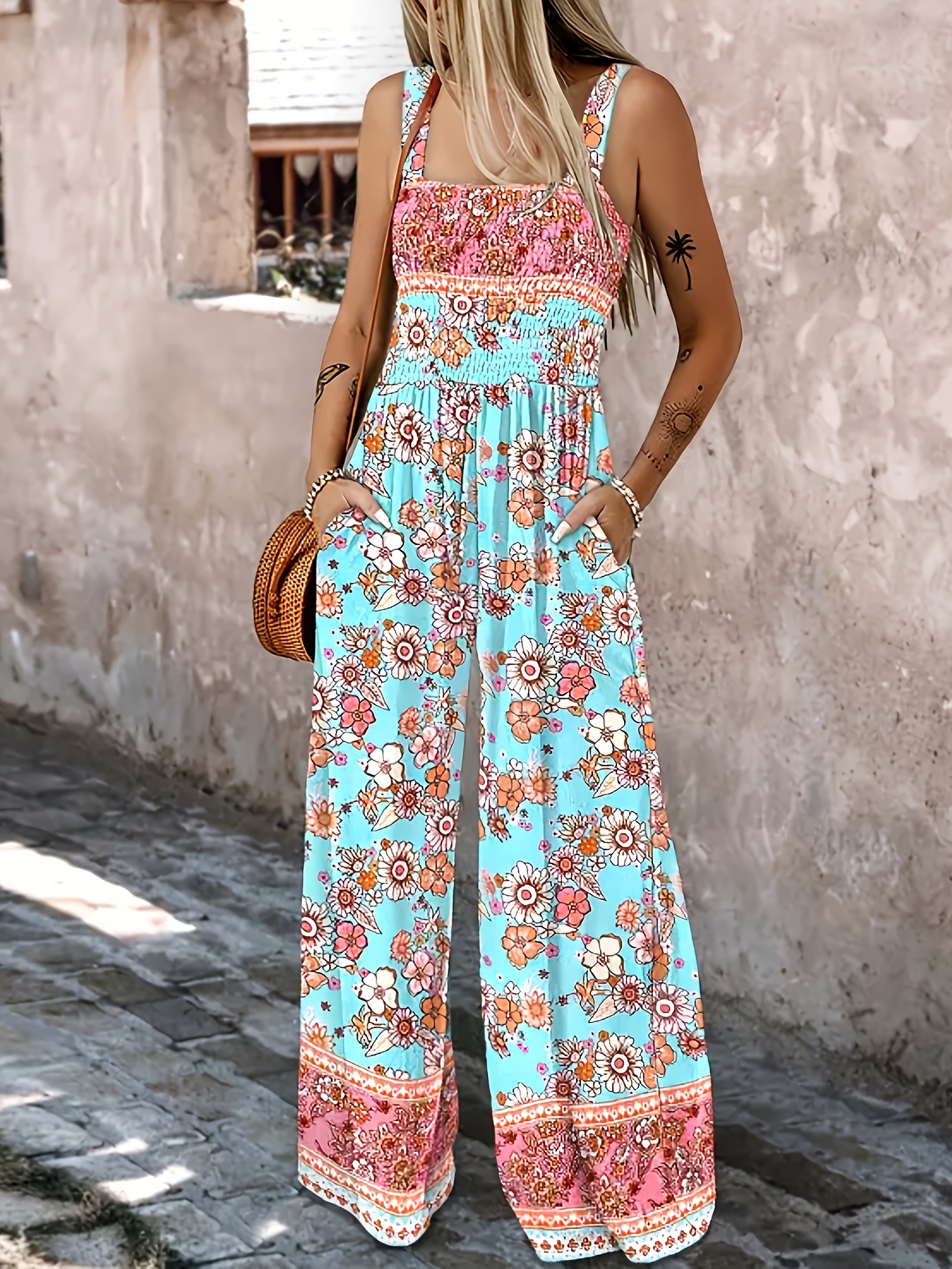 Flowy Romper Pants Women' Floral Print Loose Fit Jumpsuit Low Cut Casual  Temu Germany