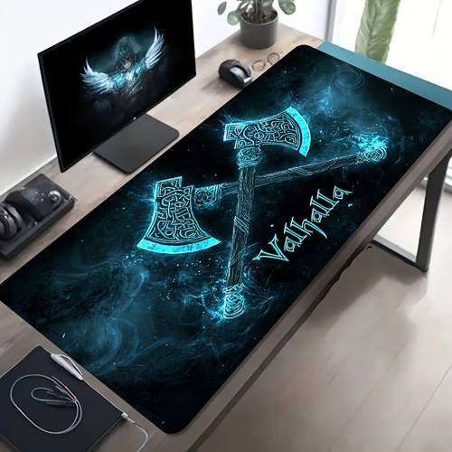 1pc large sized mouse pad dark blue flame viking axe mystical art non slip and washable rubber base large sized desk mat office desk accessory computer decorative accessory desktop decor stain resistant