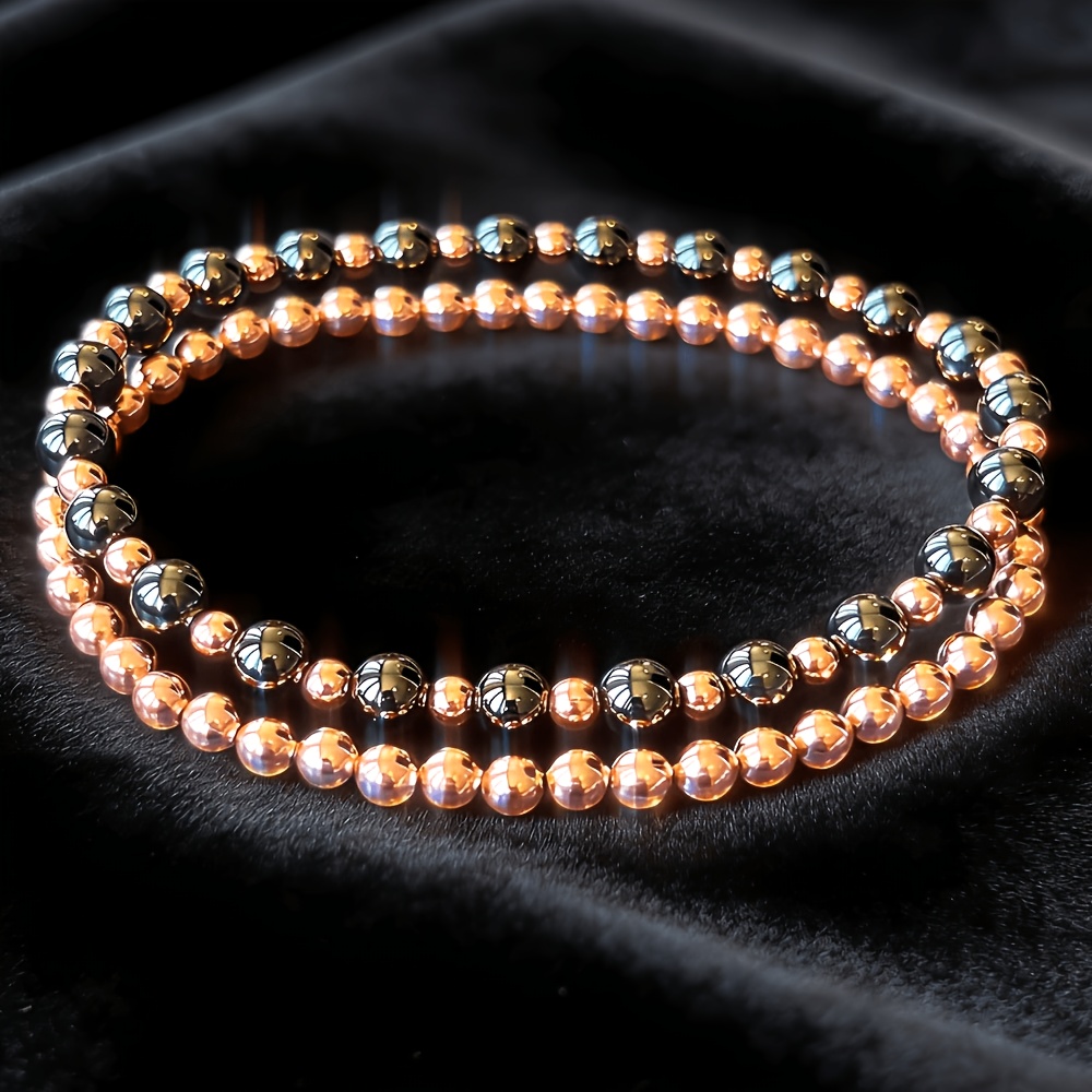 TEMU 2pcs Of Fashionable Hematite And Copper Natural Stone Men' Bracelet, Suitable For Daily Wear, For Casual , Parties, And Dates. As A Gift For A