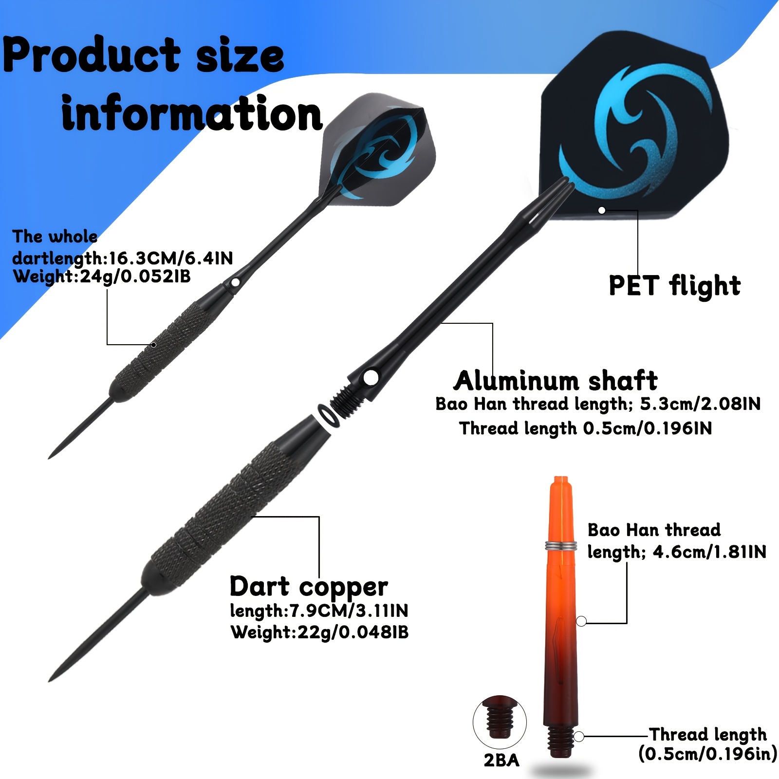 Een 24-gram ijzeren dartset, ontworpen voor professionele competitie, met een antislip textuur voor een betere grip. Het bevat drie zwarte aluminium schachten en drie oranje doorzichtige zwarte schachten.