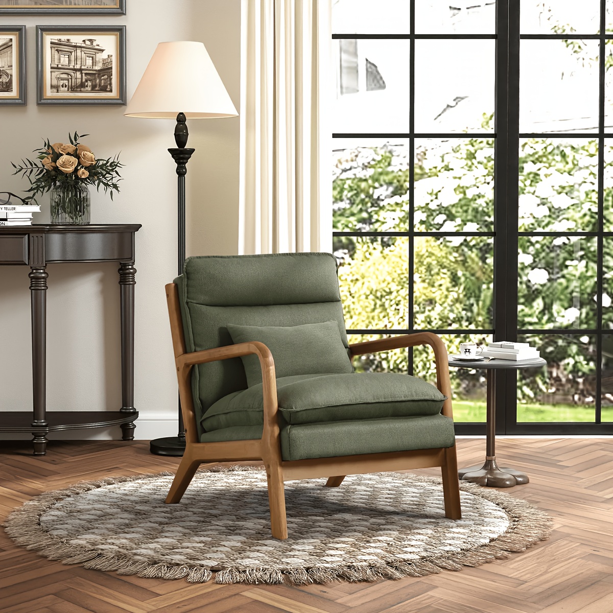 Image of Comfortable Detachable Cushion Armchair, Traditional Living Room Single Chair, Wooden Legs, Linen Modern Chair, Hardwood Frame, Non-adjustable, For Relaxation, Wipe Clean (beige, Gray, Green)