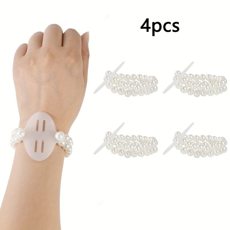 TEMU Gift For Her/him 4pcs Elegant Elastic Pearl Wrist Bands - Plastic Corsage Additions With Artificial Flowers, Ideal For Weddings And Beach