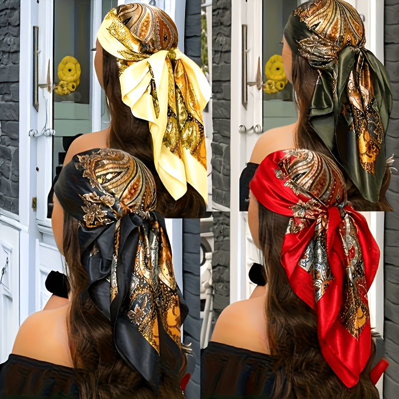 TEMU 4pcs Set 89.99 X 89.99 Cm Square Scarves, , Fashionable Printed Women's Headscarf And Shawl, Non-elastic, Hand Wash Or Machine Wash