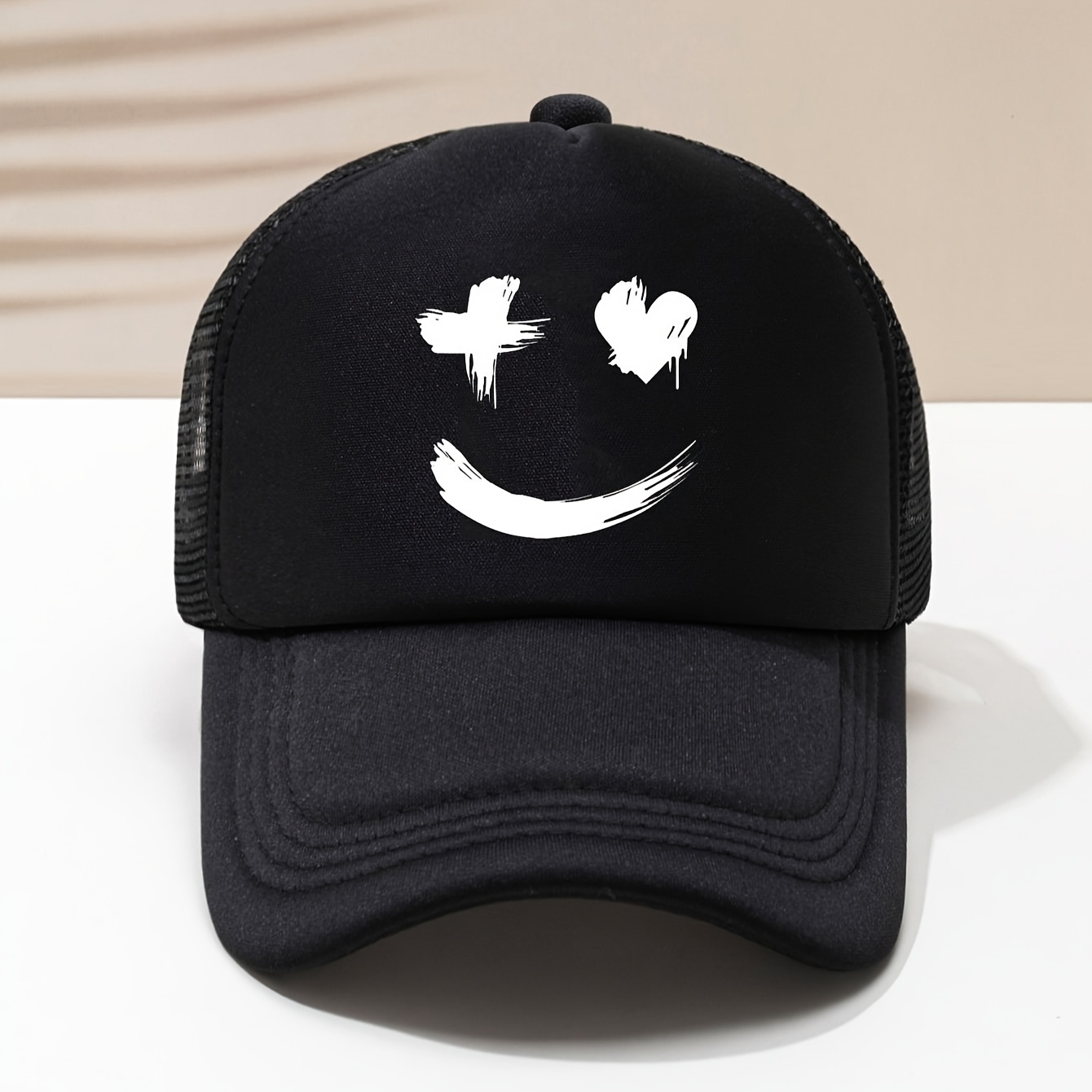 E-shop 1er-Pack Unisex Verstellbare Mesh Trucker-Mütze mit Fröhlichem Gesichtsdruck – Atmungsaktive Polyester Baseballkappe für Männer & Frauen,