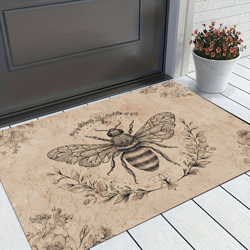 TEMU 1pc 2d Flat Printing Flannel Material Door Mat, Outdoor Courtyard Door Mat, Bee Floral Pattern Rug, Entrance Mat / Aesthetic