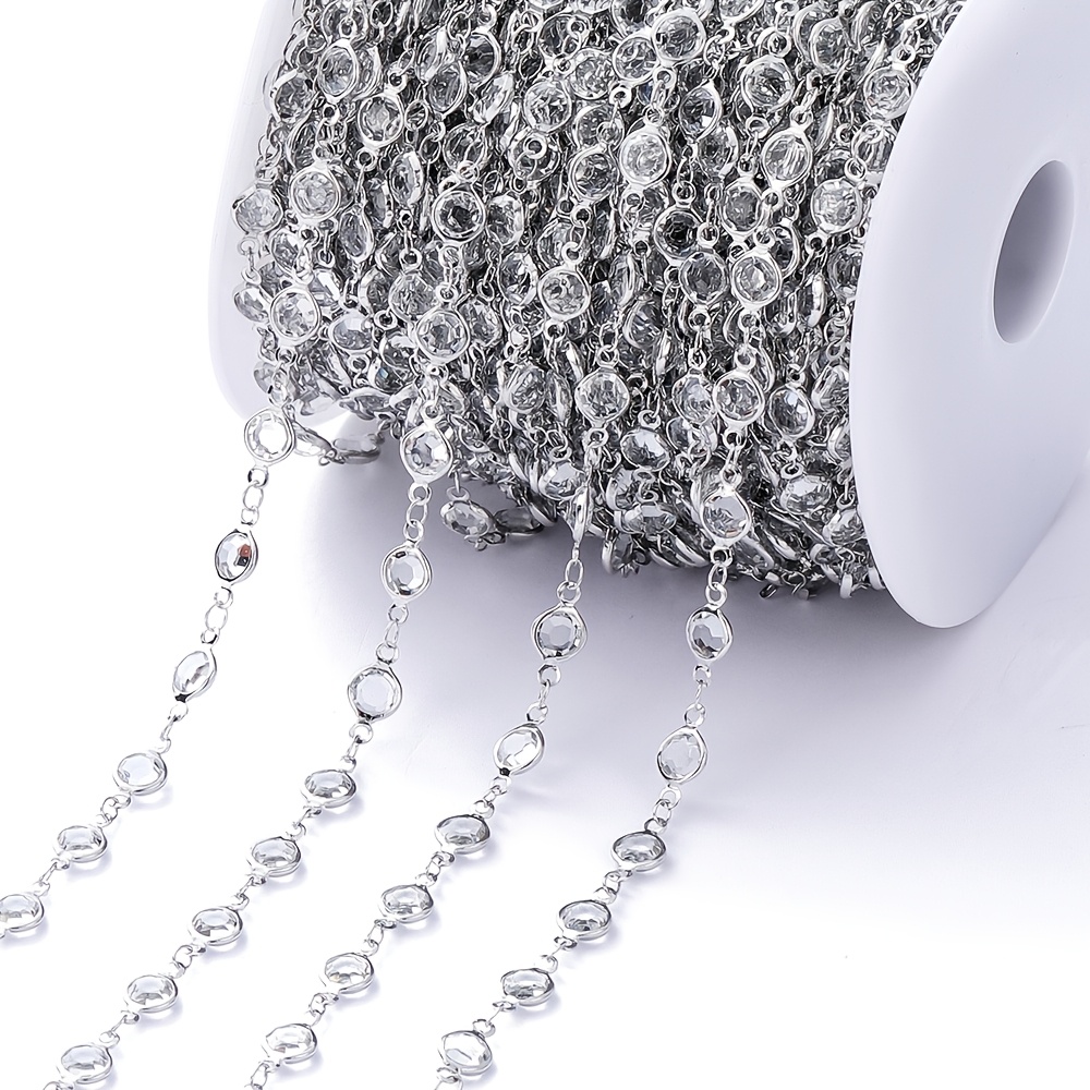 1 Meter Copper Rhodium-plated Crystal Zirconia Bead Chain, Mixed Color Bezel Charms For Making, High-quality Craft Supplies For Bracelets And Necklaces