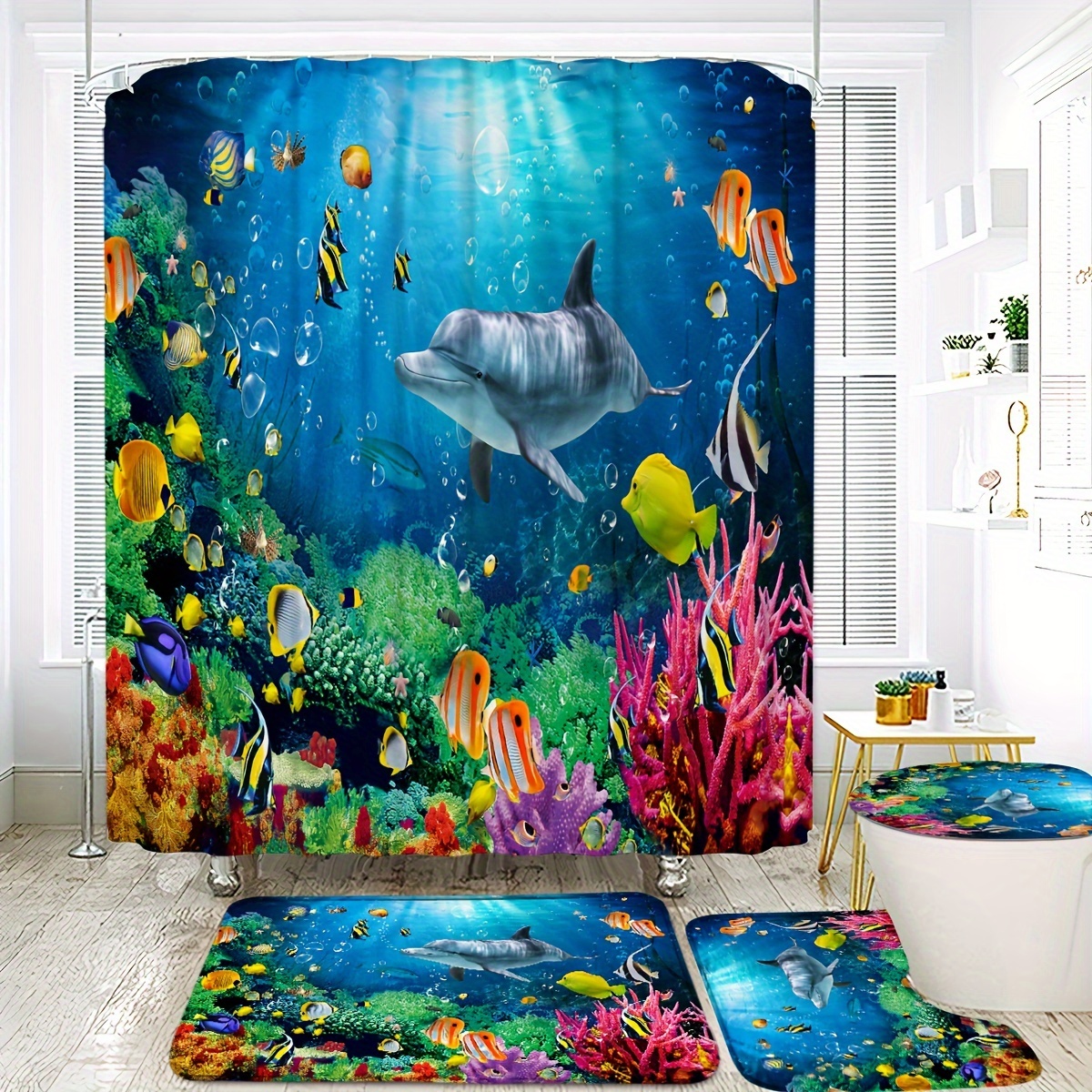 

Shower Curtain Set With 12 Hooks - Water-resistant Polyester Knit Fabric, Machine Washable, Includes U-shaped Mat, Toilet Lid Cover, And Bath Rug - Artistic Underwater Theme Bathroom Decor For All