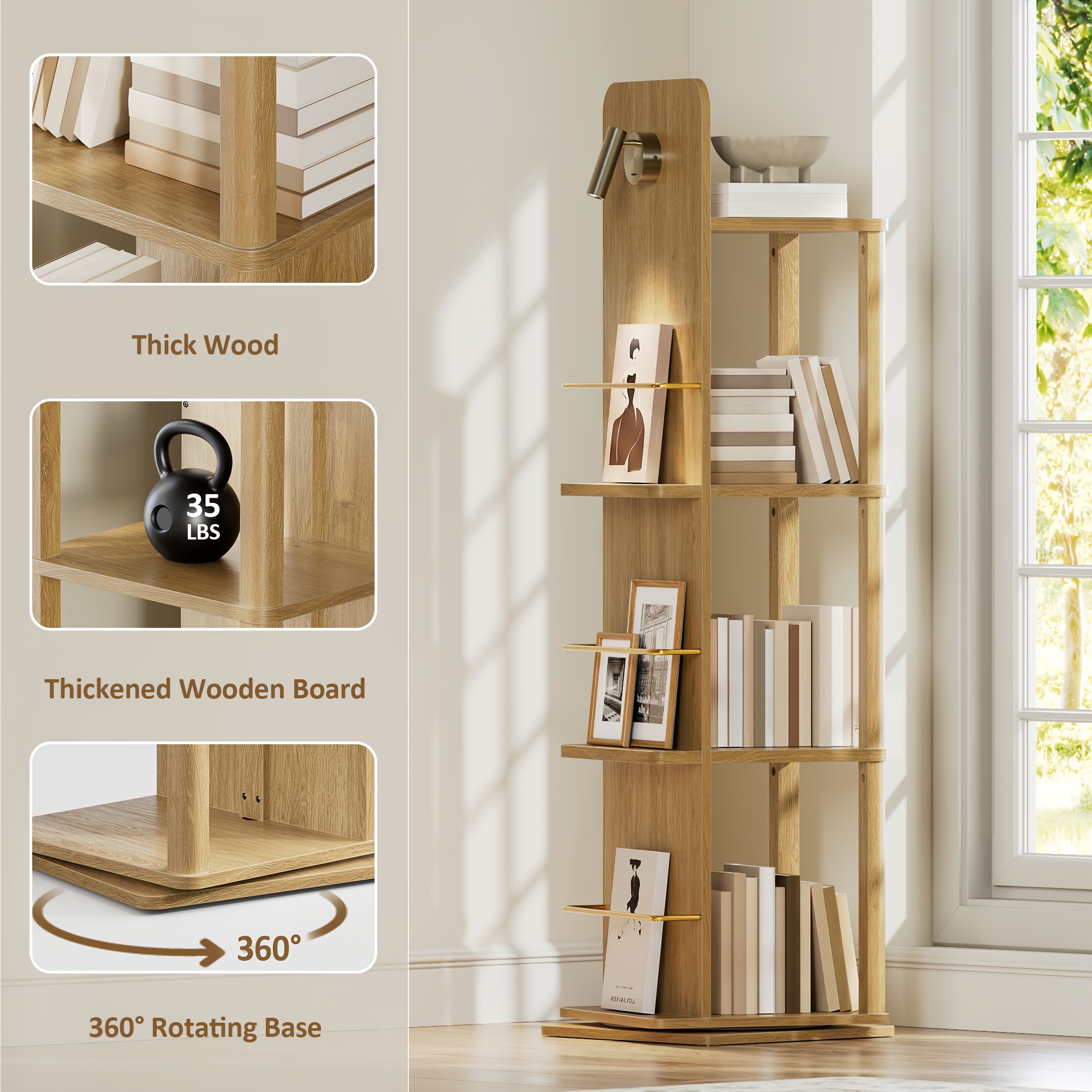4-Tier Rotating Bookshelf Tower with 360° Spinning Shelves - Natural Oak Wood Freestanding Bookcase Suitable for Small Spaces, Space-Saving Rolling Shelf for Home Office, Living Room, Assembly, Modern Square Bookcase for Books & Decor