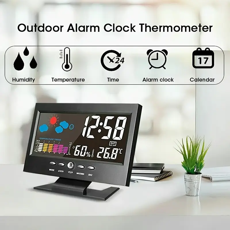 digital weather alarm clock voice control backlight temperature humidity calendar display glass material time weather forecast desk clock with color screen model 8028t 11 5cm x 15 5cm details 5