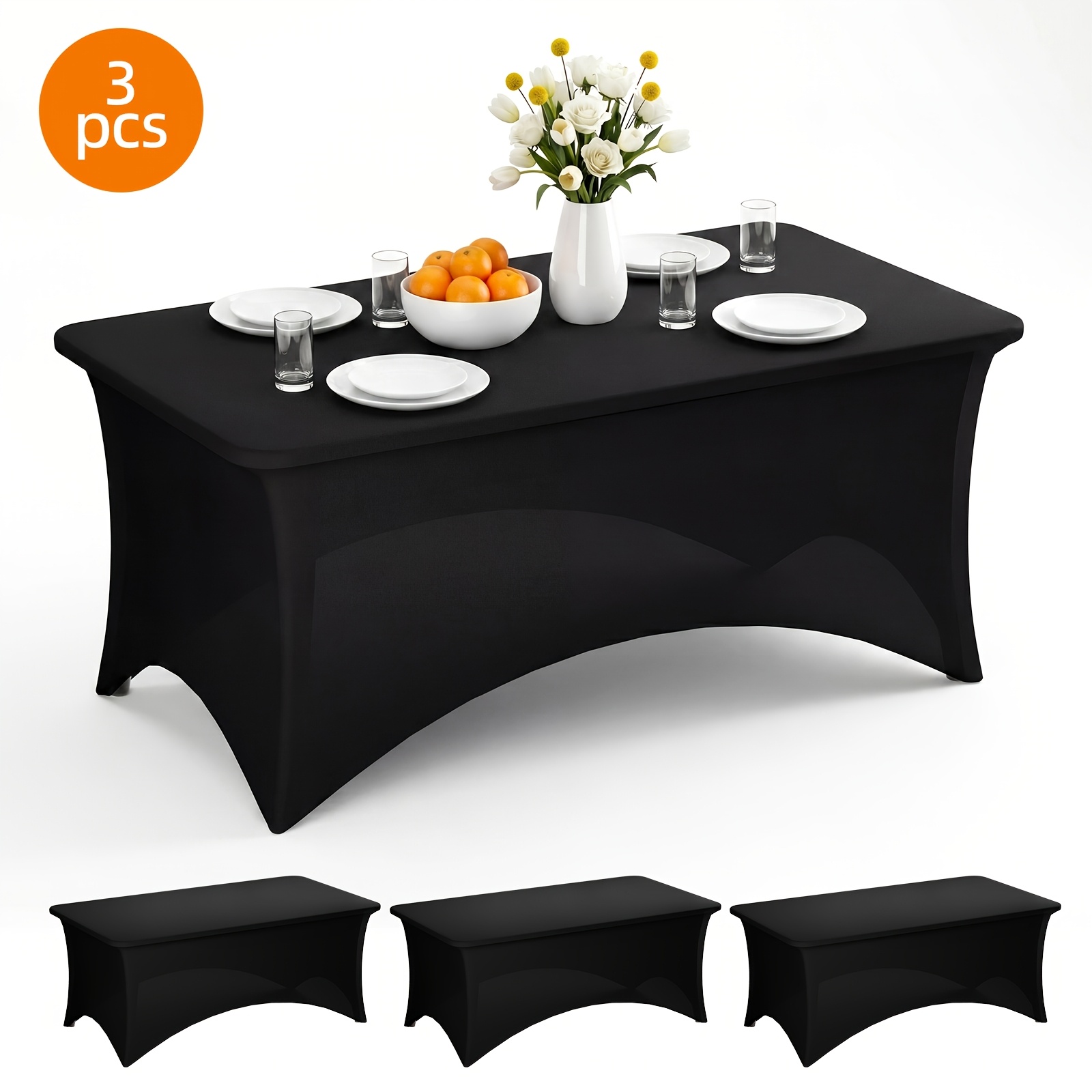 TEMU Tomnk 3/6 piezas Mantel Elástico de Spandex, Cubiertas de Mesa Rectangulares de 4 6 8 pies, Mantel Negro Resistente a las Arrugas para Comedor,