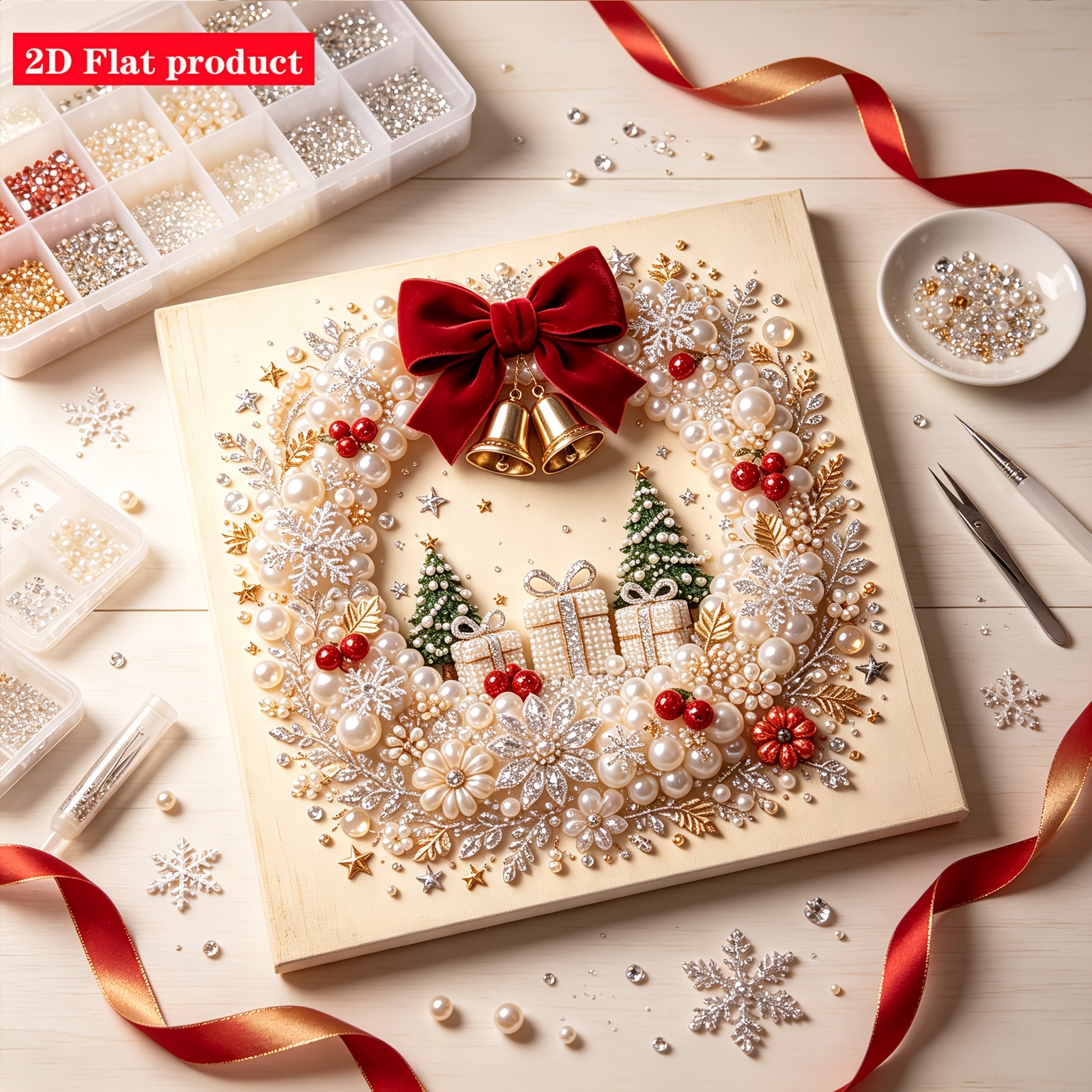 TEMU Decorazione Natalizia 2D Piatta Corona di Natale con Perle e Diamanti, e Albero di Natale, Kit Pittura Diamante, Regalo Mosaico, per Decorazione