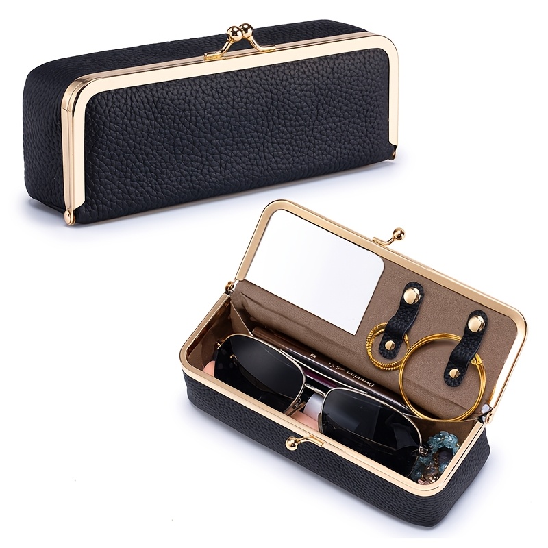 TEMU Ladies' Coin Purse, Lychee Texture Vintage Golden Clutch Organizer With Built-in Makeup Mirror And Earring Holder, Multi-compartment Portable