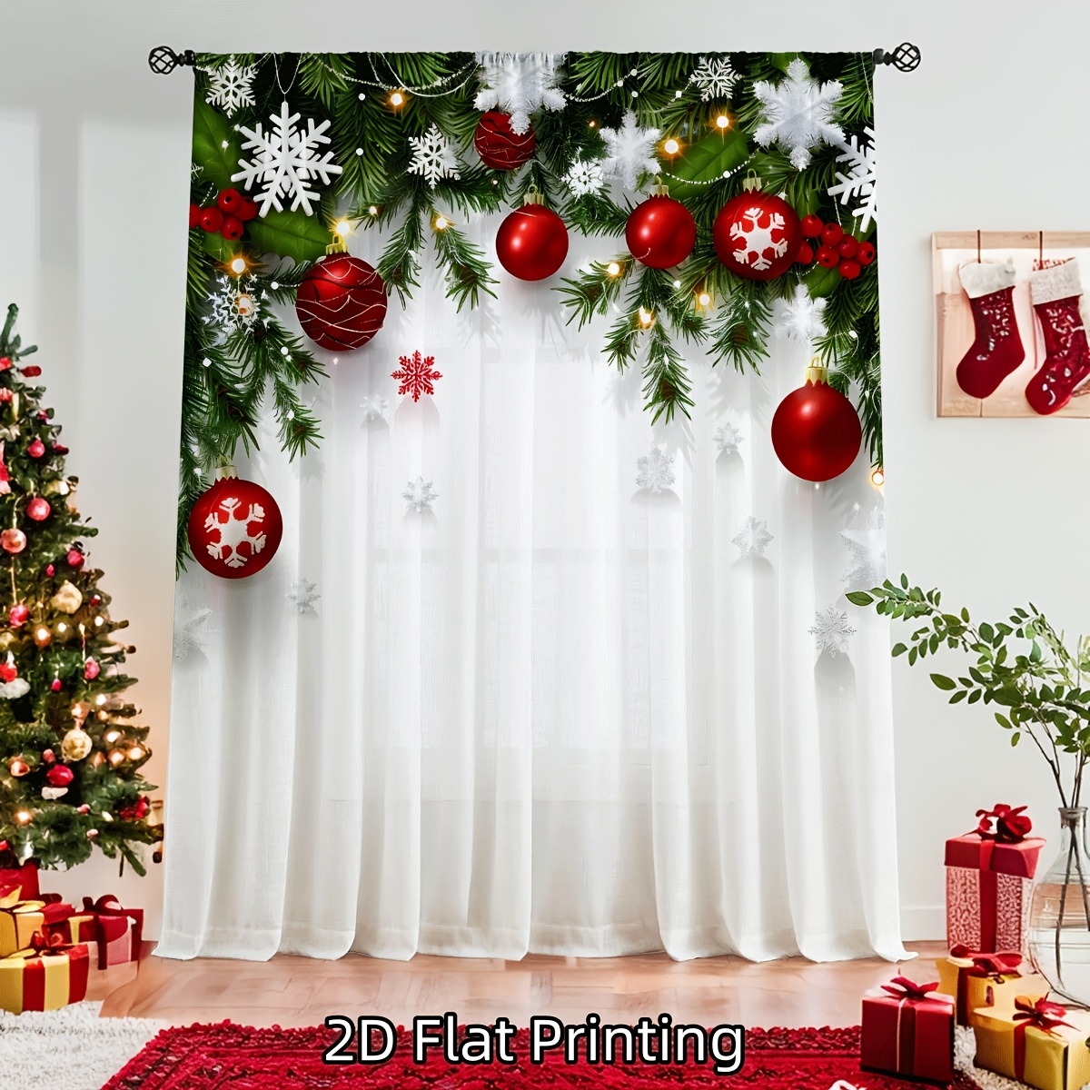 TEMU 2d Flat, 1pc 2d Flat Christmas Sheer Curtain, Featuring Abstract Christmas Red Ornaments, Snowflakes, And Other Festive Elements - Made Of Soft