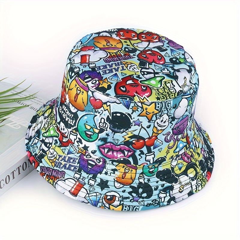 

Cool Hippie Punk Fantasy Graffiti Bucket Hat, Cartoon Y2k Fisherman Hat, Double-sided Sun Hat For Casual Leisure Outdoor Sports