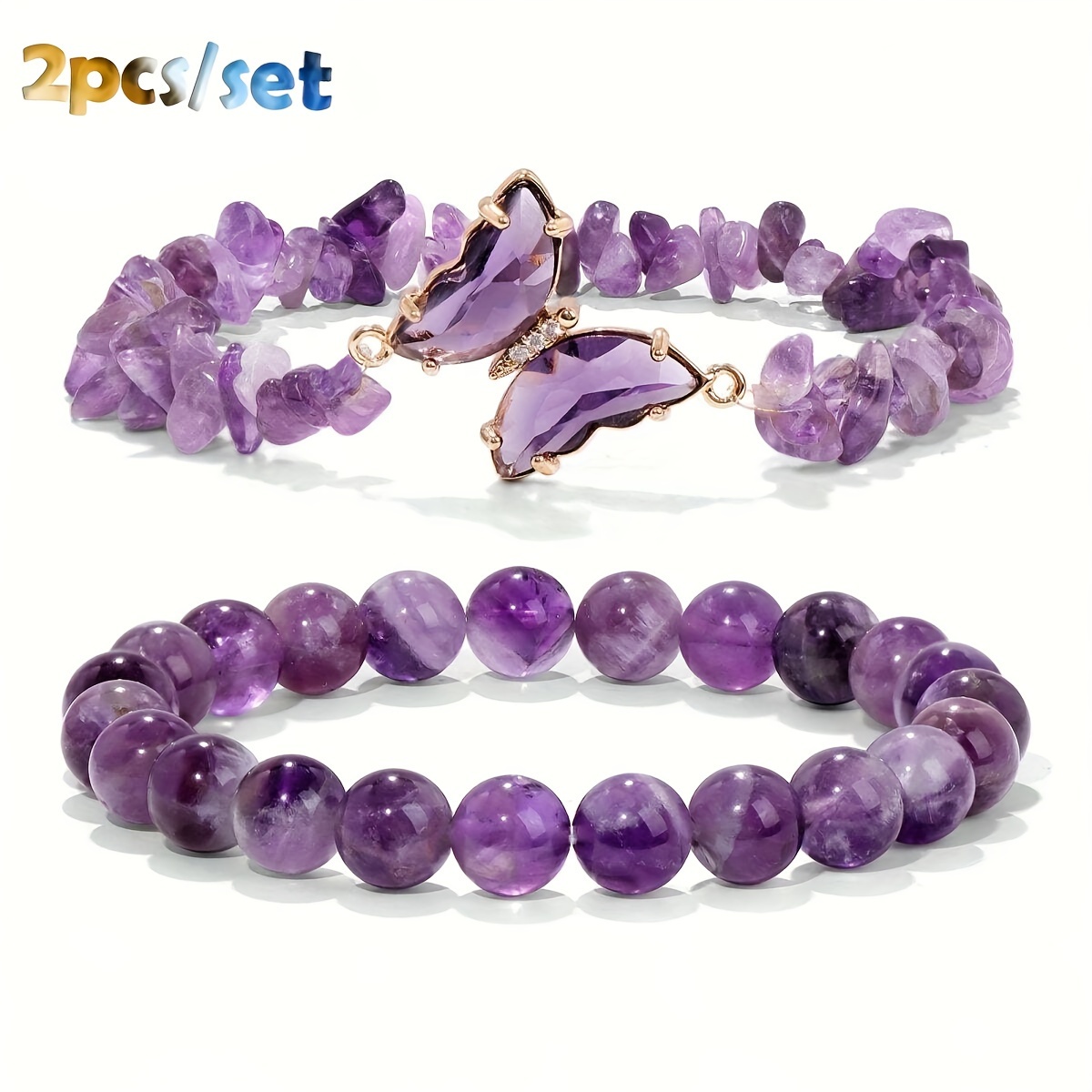 TEMU Amethyst Charm Bracelet Set - 2pcs Stretch Beaded Bangles & Butterfly Pendant, Natural Stone Jewelry For Women, Perfect Holiday Gift