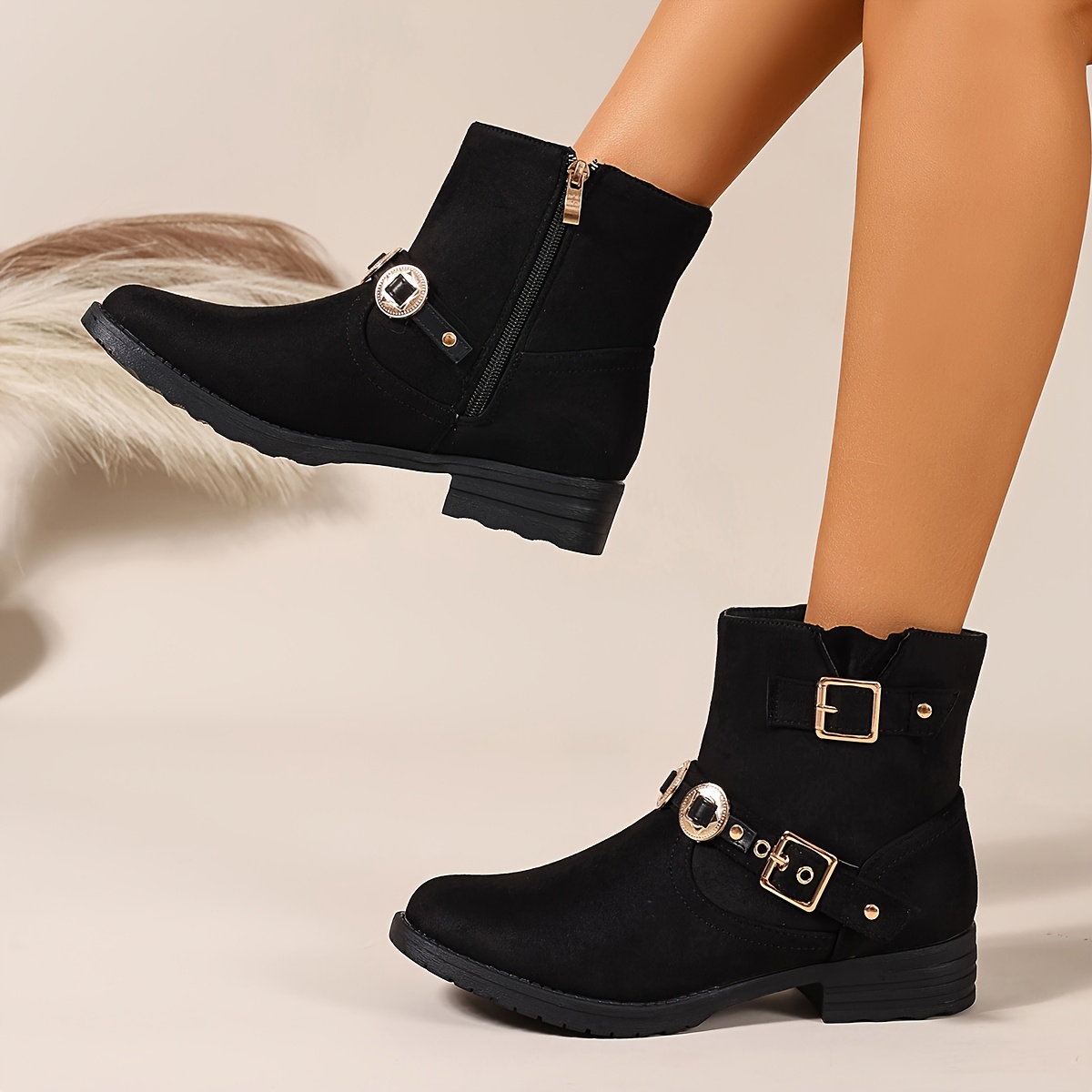 TEMU Ladies' Boots With Strap Design | Round Toe, Block Heel, Zipper Closure, Suitable For Daily And Vacation Travel | , Solid Color, , Women Shoes