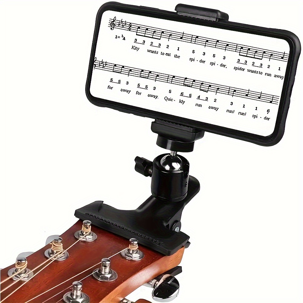 

1 support de téléphone universel rotatif à pour guitares, ukulélés, kalimbas, matériau ABS, support de serrage pour smartphone pour vidéo en direct