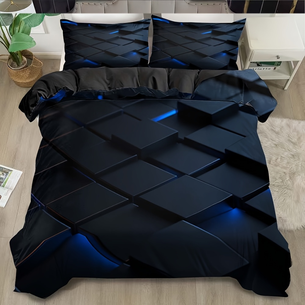 TEMU 3pcs Futuristic Technology Style Black And Pattern Duvet Cover Set, Soft Polyester Printed Bedding, Machine Washable, Zipper Closure, , Suitable