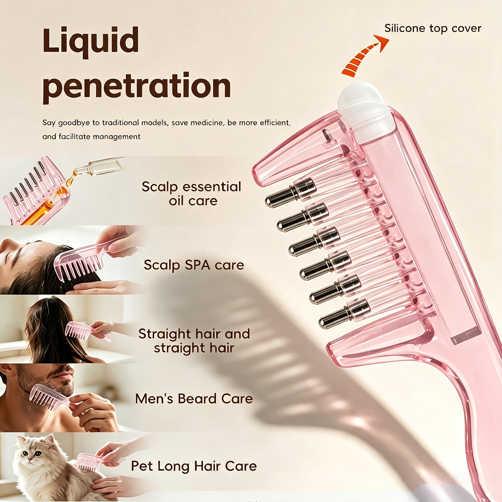 1pc light luxury transparent pink liquid comb stainless steel roller ball metal teeth with and dispensing design replaces manual application to scalp hair roots and pr   loss soothes tight Product details 3