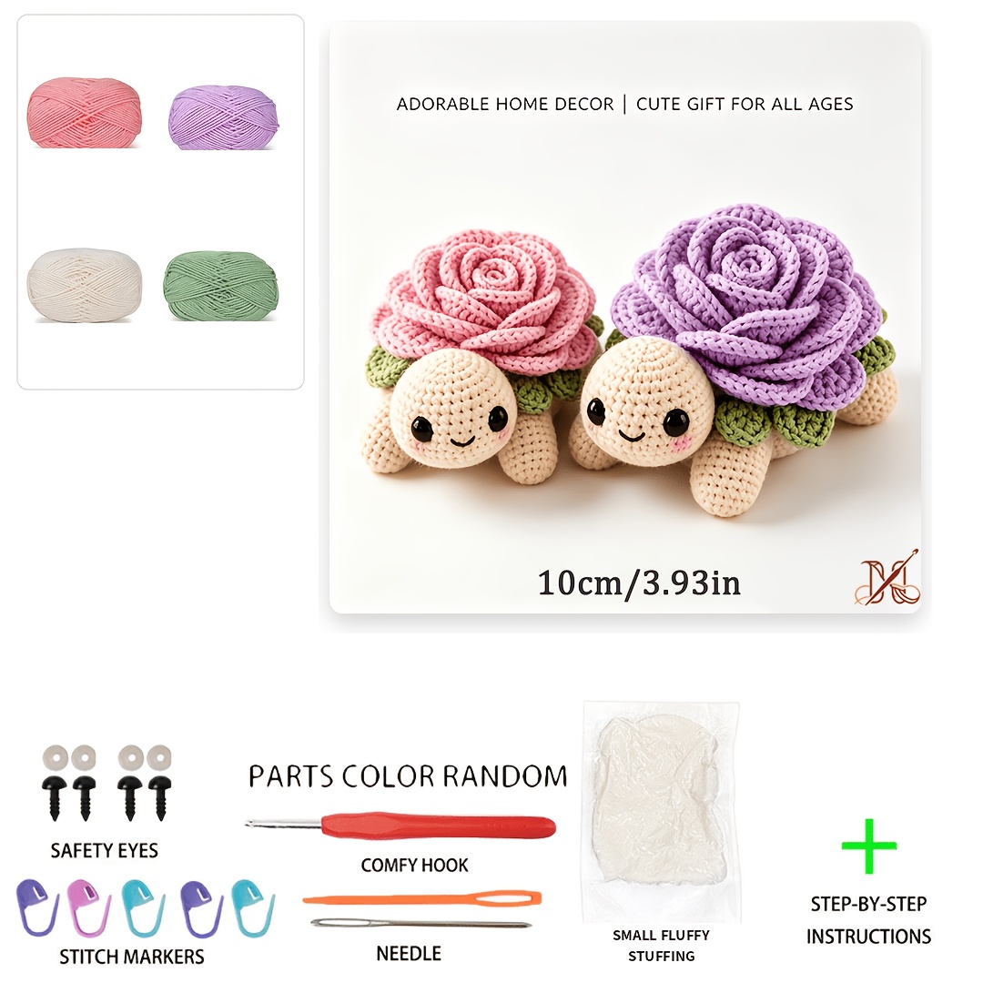 TEMU 2pcs Rose Turtle Crochet Kit Beginner Friendly, Cute Flower Turtle Shape Handcraft Doll Material Bag, Full Set Of Materials Included, Video