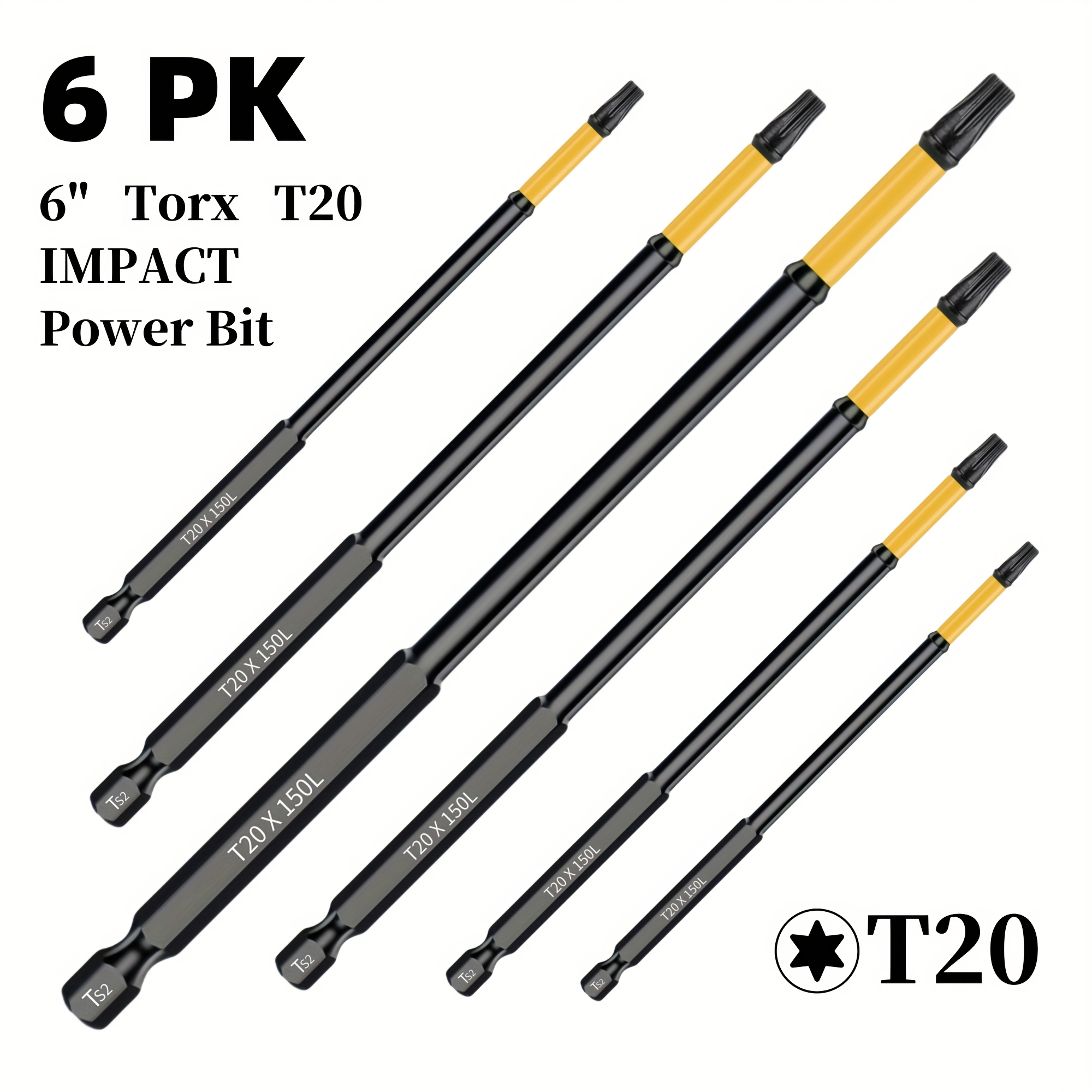 Image of 2pcs/4pcs/6pcs T20 Torx Bit Screwdriver Head, 6inch 150mm Impact Screw Bit Set, Black/yellow
