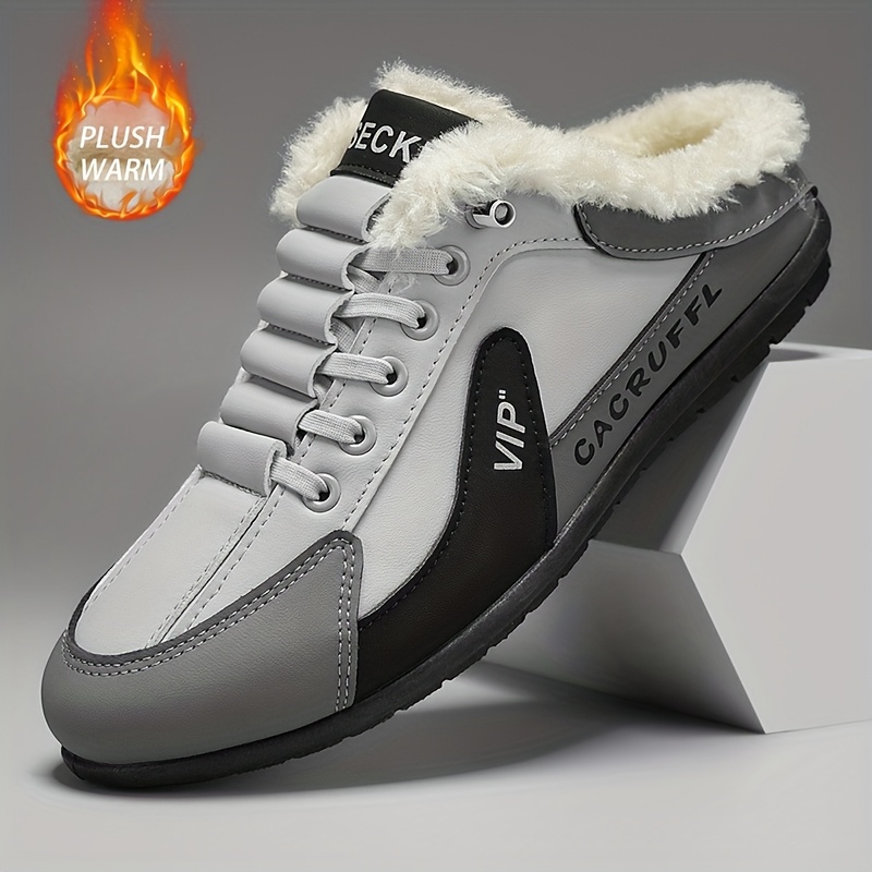 A pair of shoes with elastic band and velvet cover, warm and comfortable lining, suitable for outdoor street walking in winter, outdoor walking, indoor leisure and home use, Indoor Slippers, Round Toe Shoes, Slipon Design, Cozy Footwear, PVC Sole