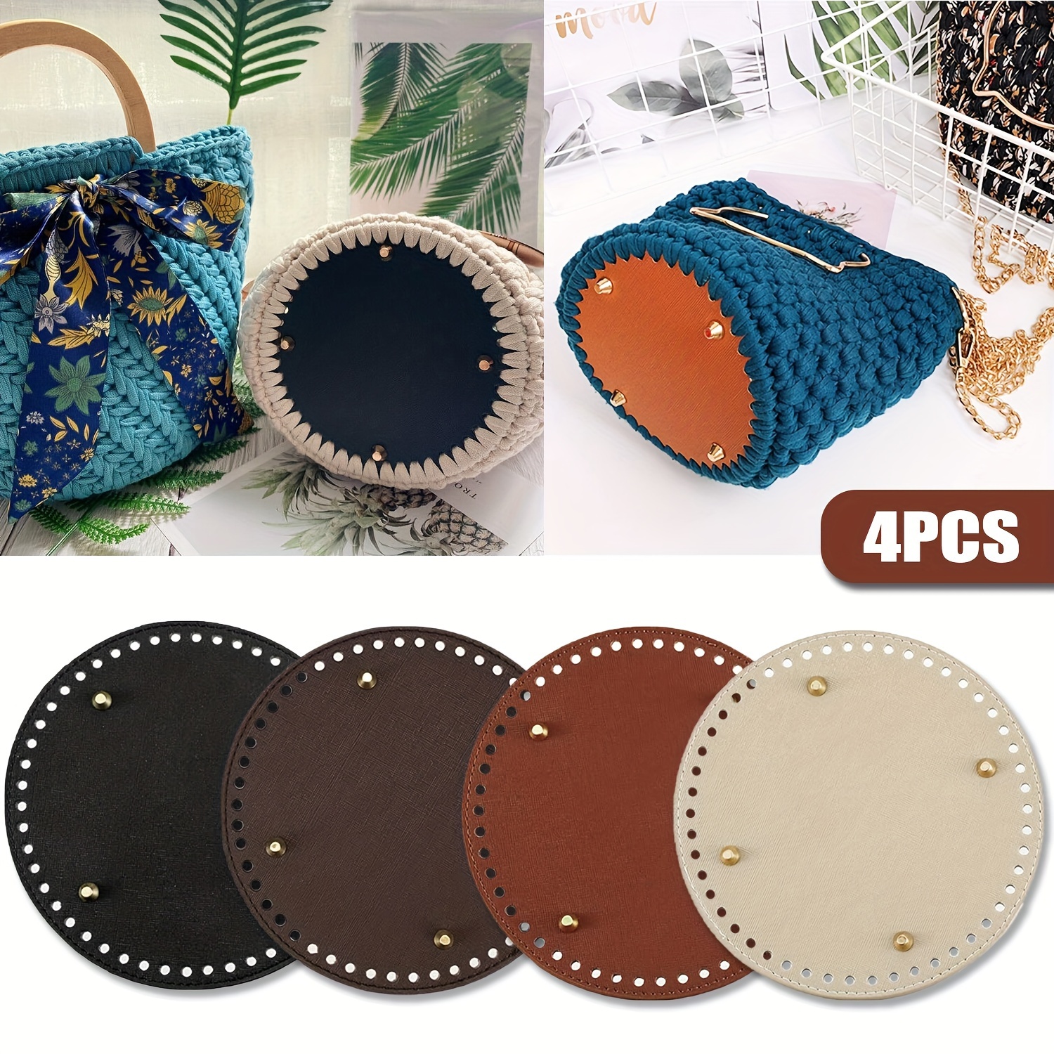 

4 Pcs Diy Crochet Bag Bottom Protector - 150mm/5.91" Pu Leather Pads For Knit Bags