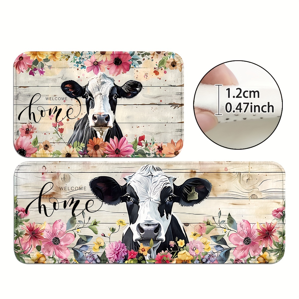 

Dairy Cow Floral Kitchen Rug Set, Polyester Non-slip Washable Mats For Home & Office, Comfortable Knit Weave Standing Runners For Sink & Laundry, Spring Themed Decoration, Multiple Sizes Available