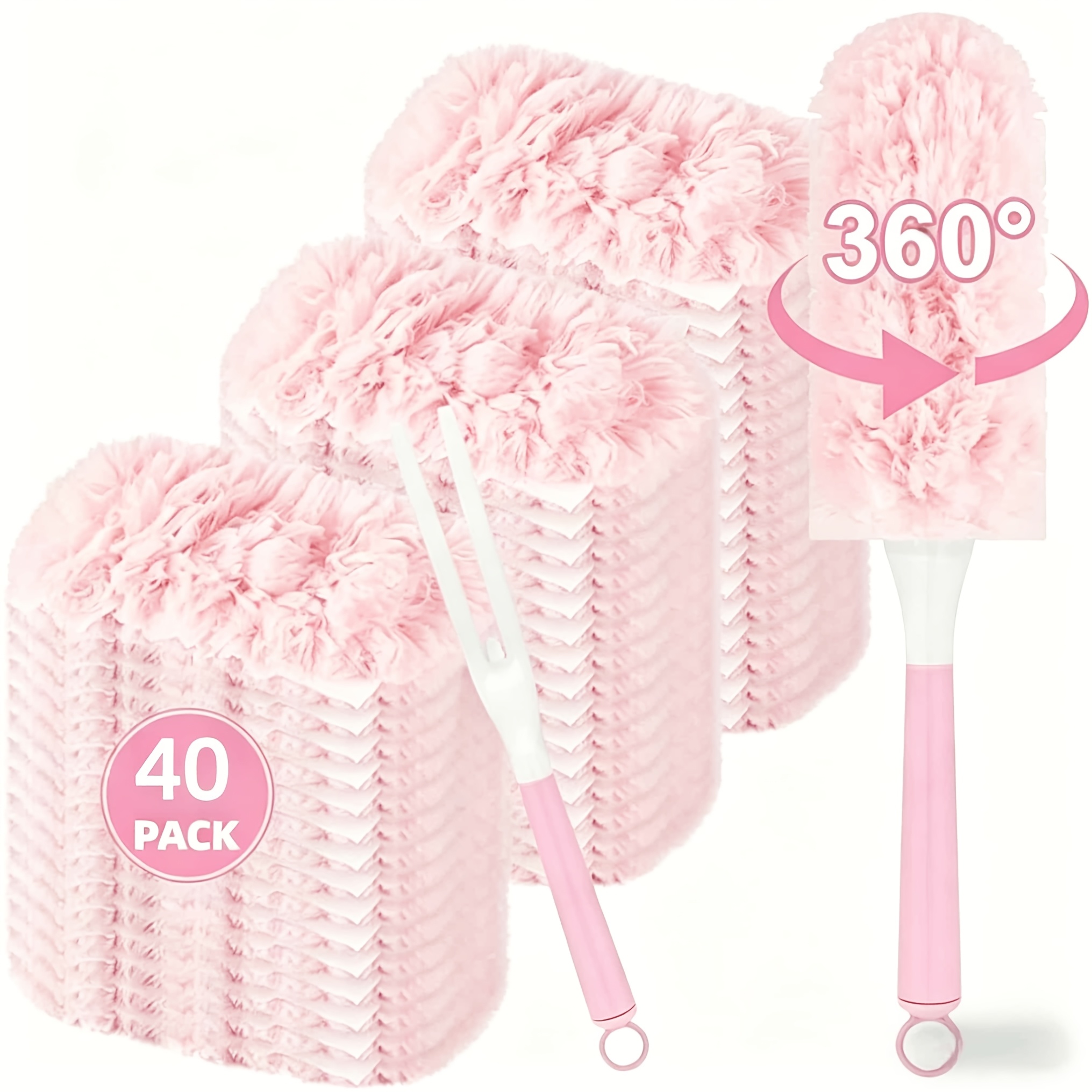 TEMU 40-pack Pink Duster Refills With 1 Handle, Multi-surface Duster Refills, Microfiber Disposable Dusters, Suitable For Home And Office Cleaning,