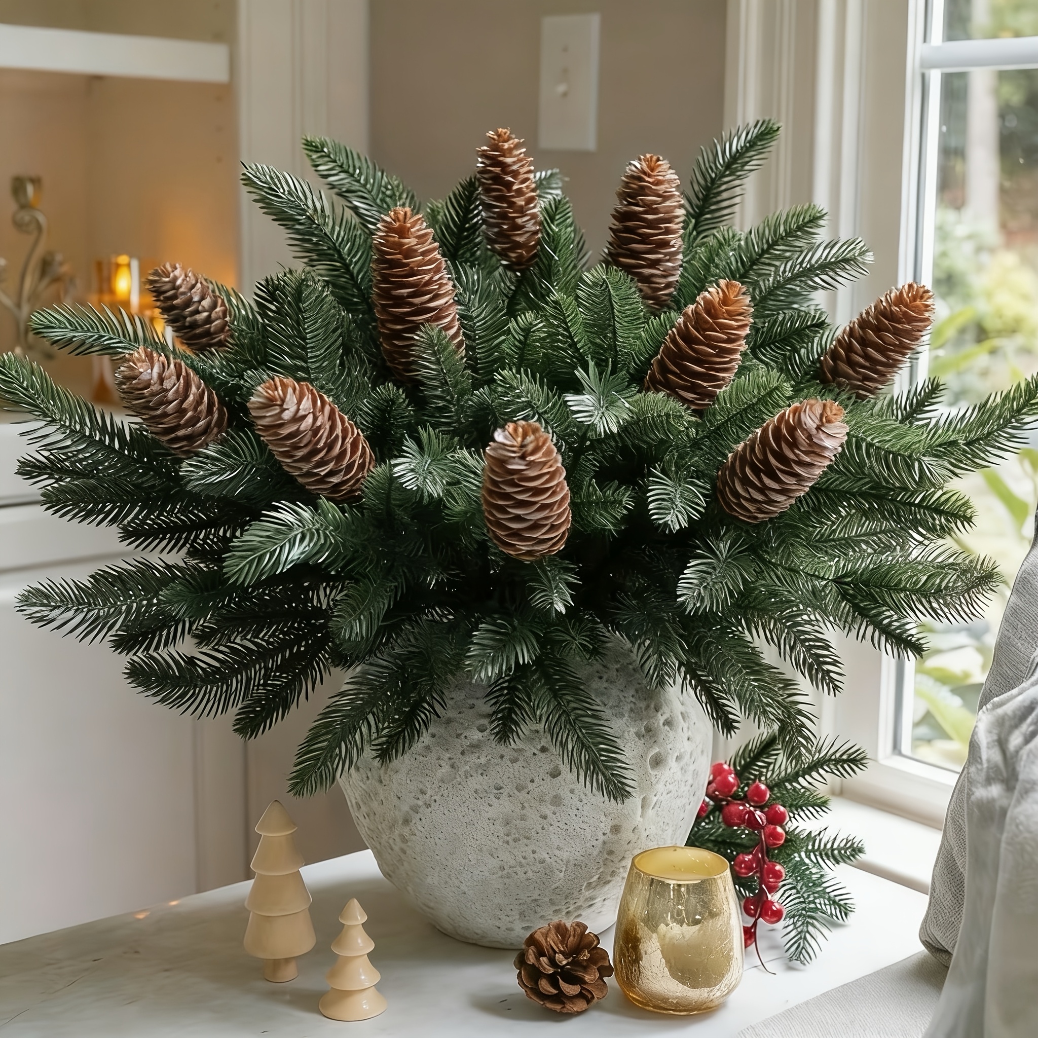 TEMU 40pcs Of Artificial Pine Branches Norfolk Stem Green Plant With Pine Cones
