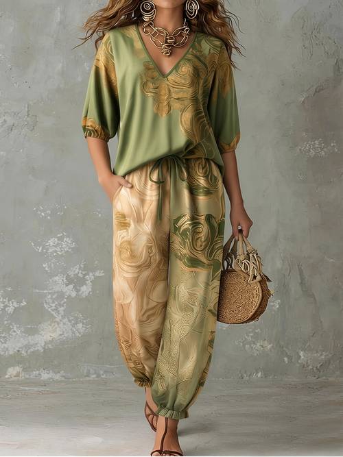 item picture v neck top pants with pockets bohemian summer set