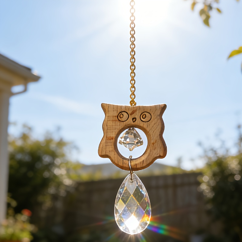 TEMU Wooden Owl Acrylic Suncatcher Colorful Light Pendant Window Hanging Decoration