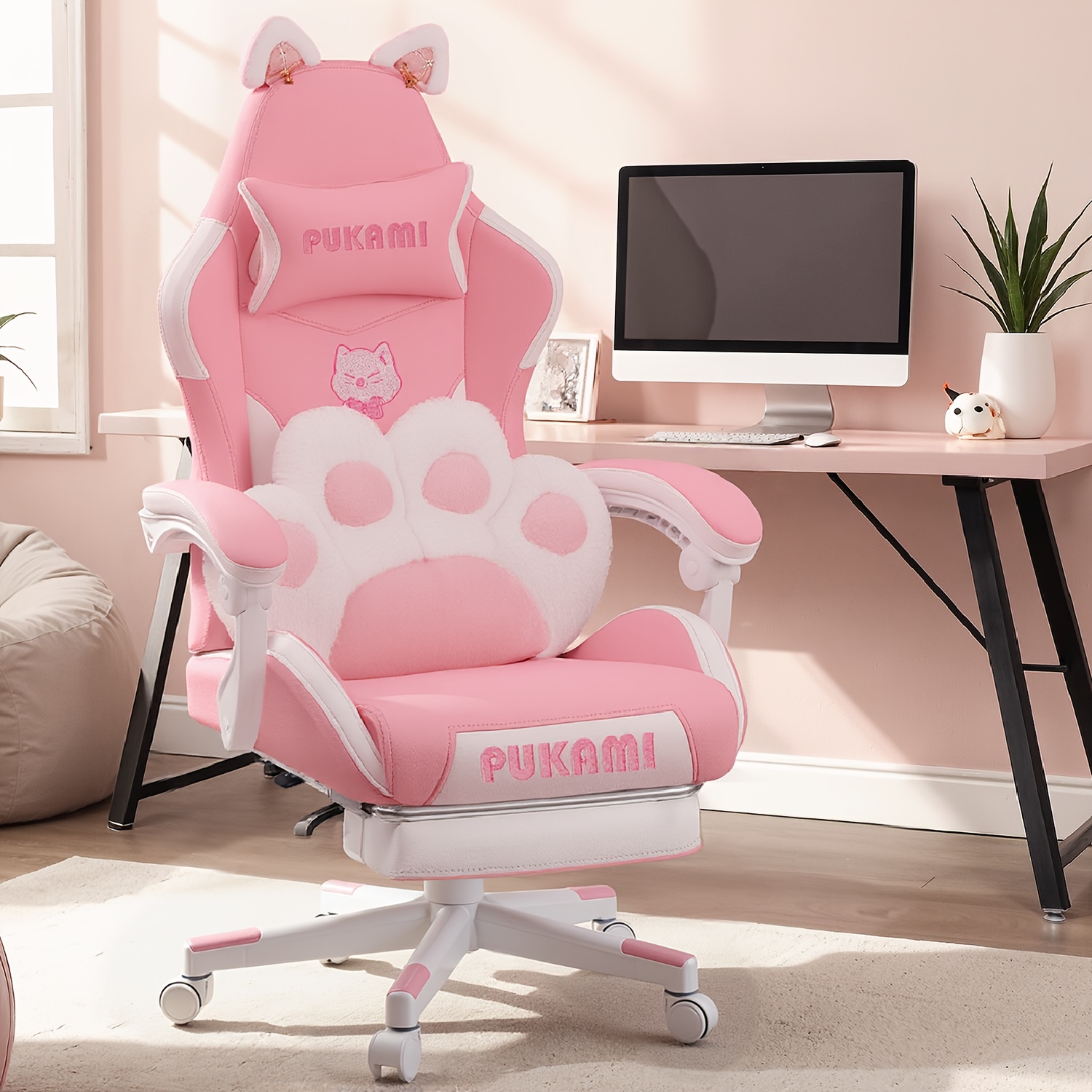 Pink Gaming Chair with Cat Paw Lumbar Cushion & Cat Ears - Ergonomic Reclining Computer Chair, Soft Foam Padding, Adjustable Armrests, Manual Recline Handle, Artificial Leather & Metal Frame for Home Office & Gaming, Cute PC Game Chair for Girls, Gaming Chair for Adults