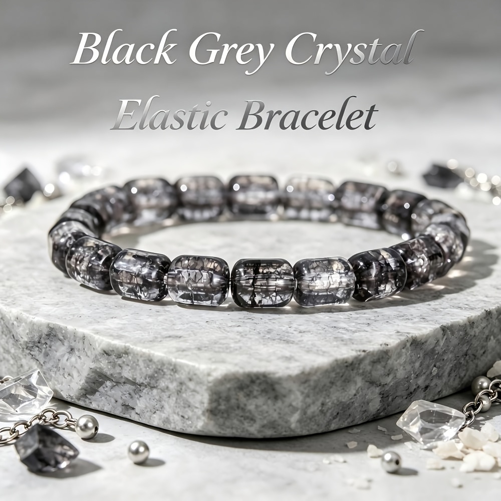 TEMU Bracelet 1 pièce LOMUINE en perles hexagonales tonneau en cristal naturel transparent noir gris - de tube élastique extensible, bijou de poignet