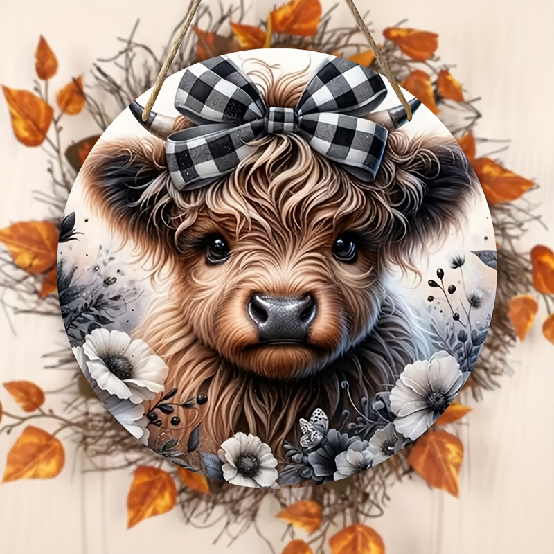 

Highland Cow With Bow Wooden Sign - Versatile 8x8" Round Decor For Home, Garden, Porch & More