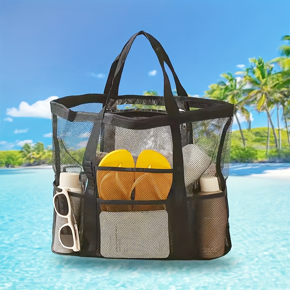1pc Extra Large Mesh Beach Toiletry Bag with Zipper and Side Pockets,  Portable Multi-Pocket Organizer, Foldable Mesh Beach Tote for Travel and - Main Image