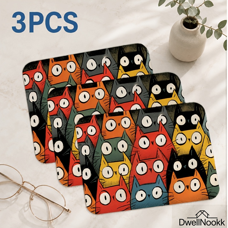 TEMU Lot de 3 chiffons de nettoyage en microfibre imprimés avec une jolie illustration de chat à lunettes, chiffon de nettoyage pour écran de