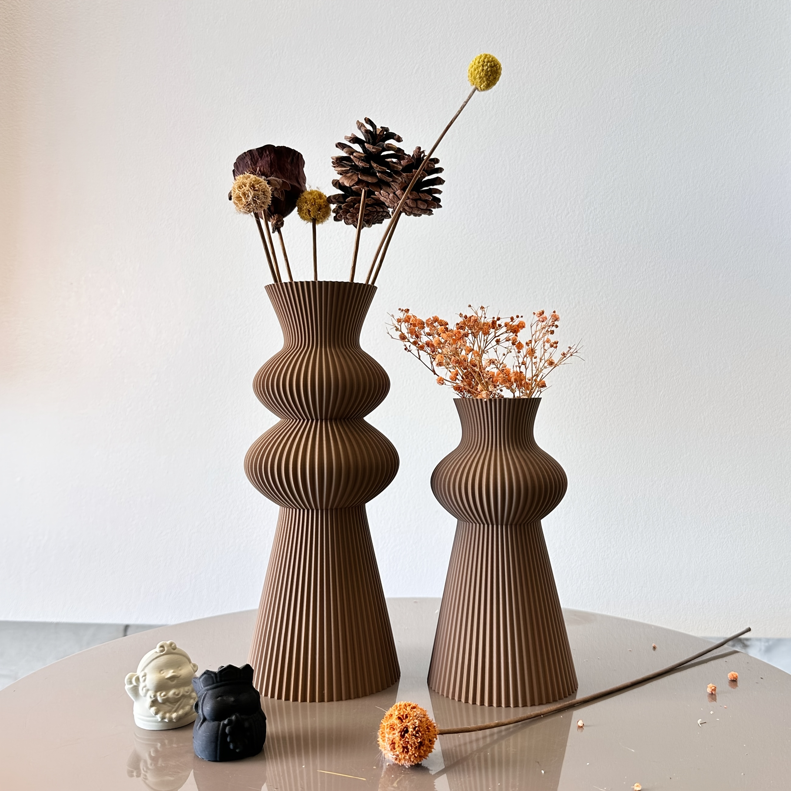 TEMU 2pcs Set Bohemian Wave-patterned Modern Vases - Brown & Orange Tall Cylindrical Plastic Vases With Wavy Texture, Decorative Flower Vases For