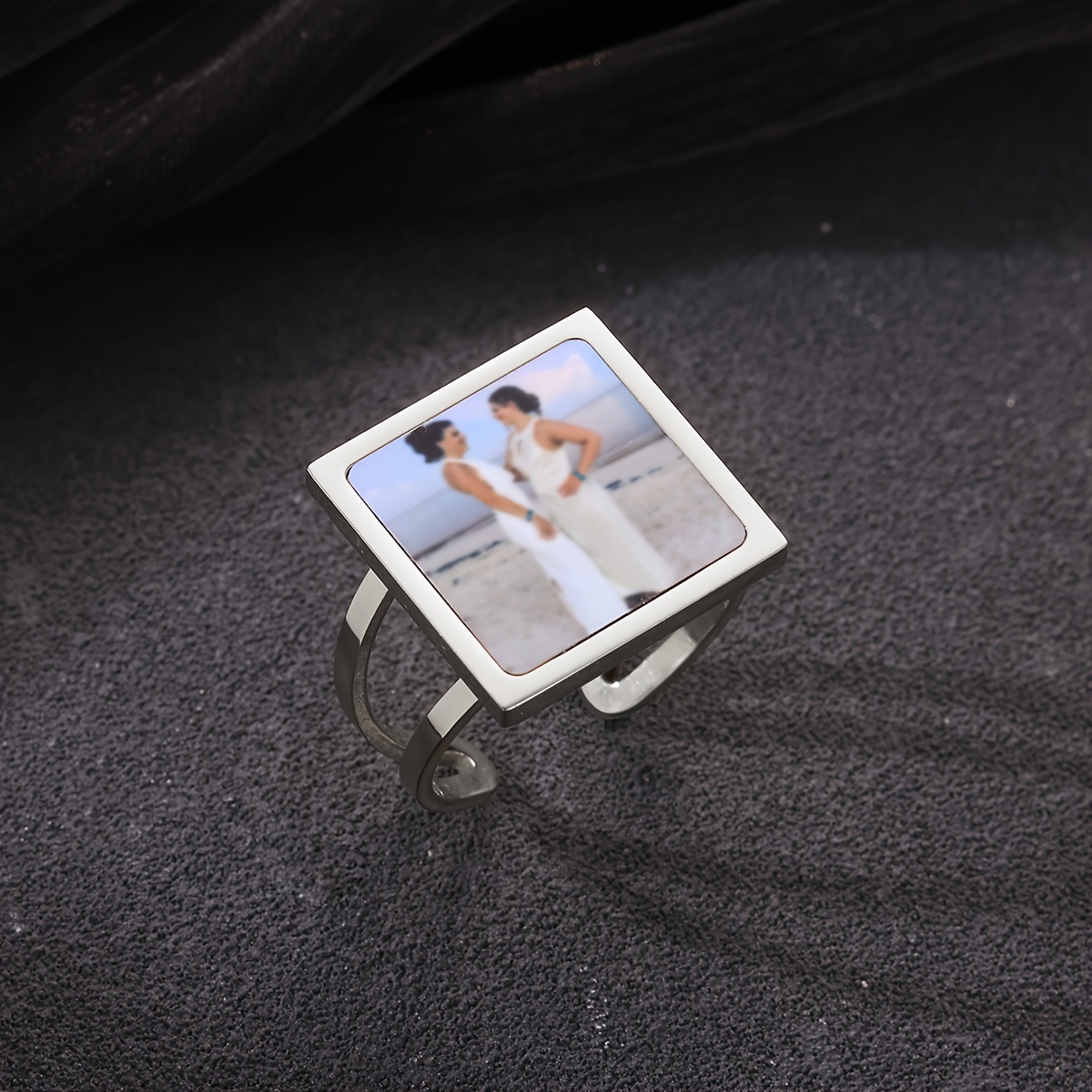 TEMU Custom Photo , Elegant Square Family Photo Ring, Couple Photo Wedding Ring, Pet Portrait Keepsake Ring, Stainless Steel Memorial Jewelry Gift,