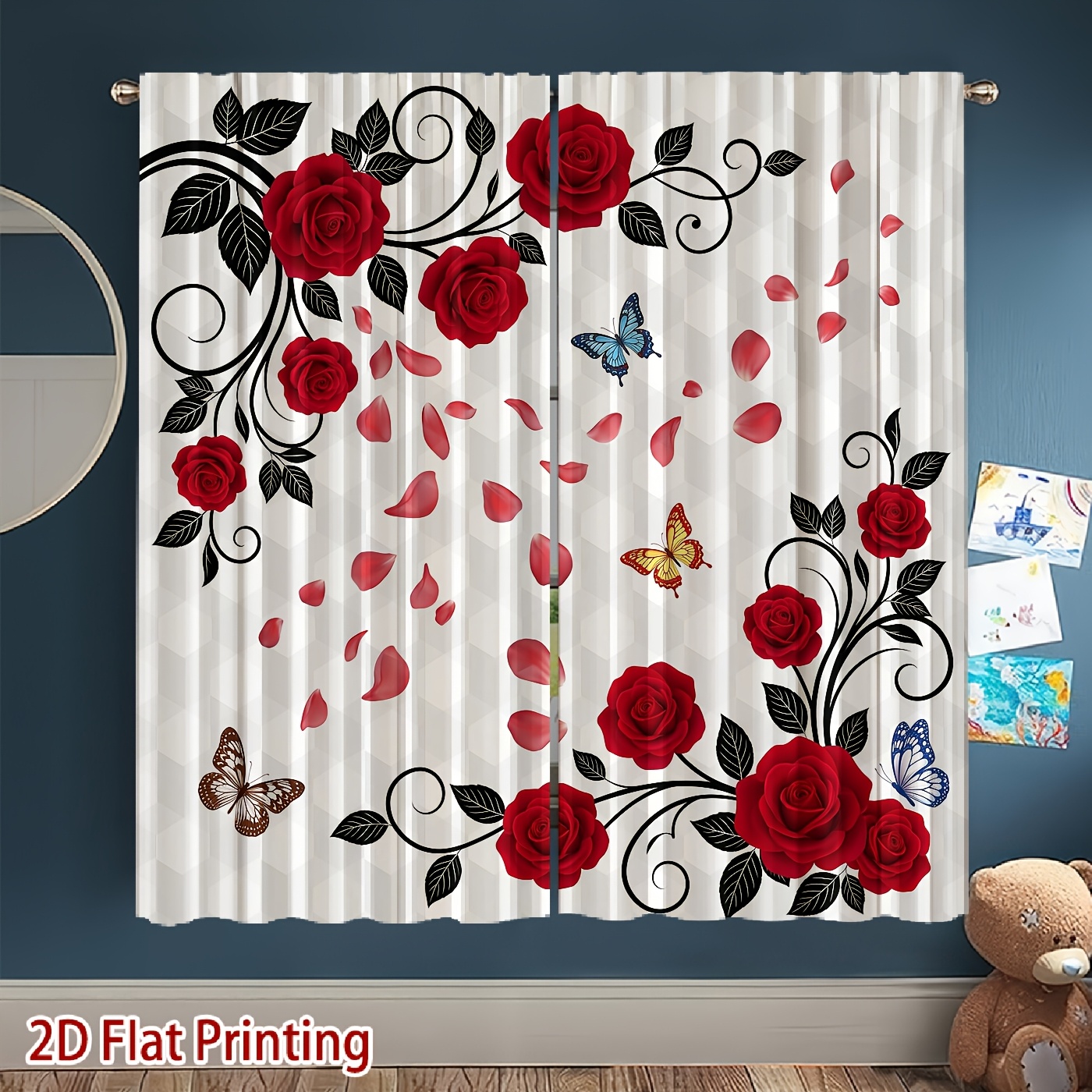 item picture 2d flat 2d flat 2pcs 2d flat printing red rose vine colorful butterflies petal printed curtains soft lighting privacy protection pocket rod style installation suitable for living room kitchen bedroom study balcony  