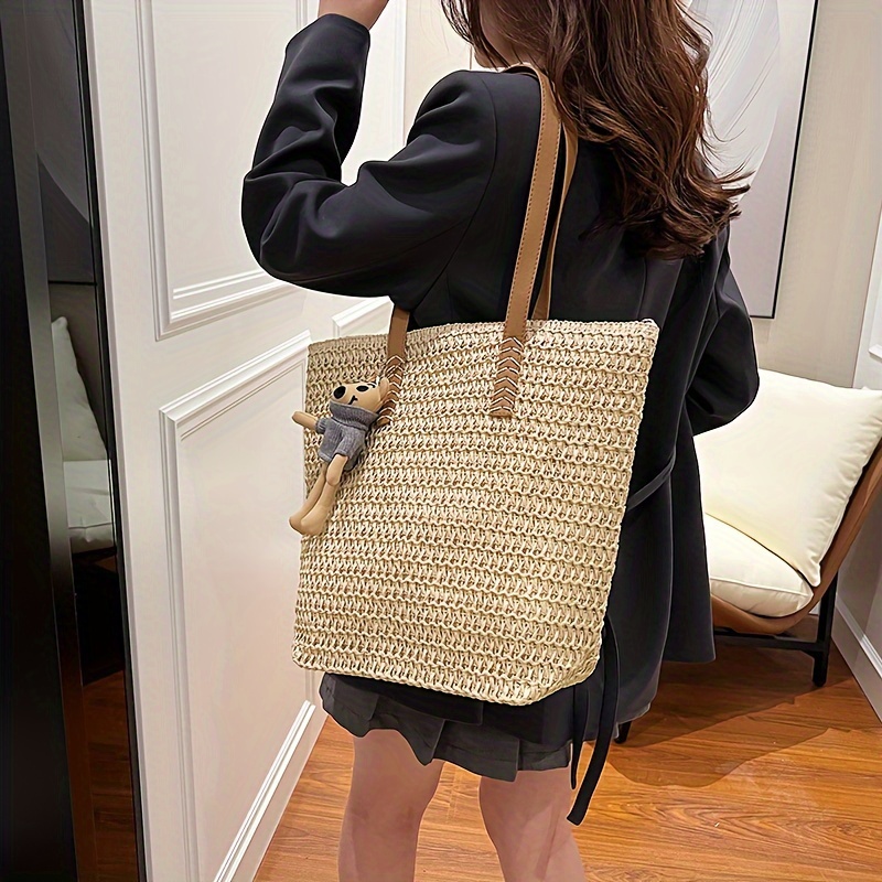 Handmade Straw Bag Travel Beach Fishing Net Handbag Shopping Woven Shoulder  Bag For Women